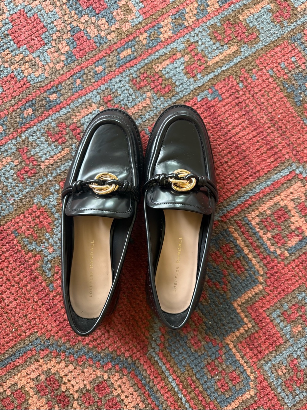 Loeffler Randall Black Patent Leather Loafers with Gold Chain Accent